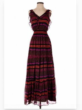 Aryn K V-Neck Sleeveless Striped Maxi Dress Size XS Silk Ruffles Burgundy